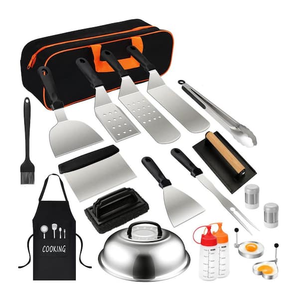 20-Piece Stainless Steel Griddle Accessories Kit with Grill Spatulas, Basting Cover, Press, Outdoor BBQ Set