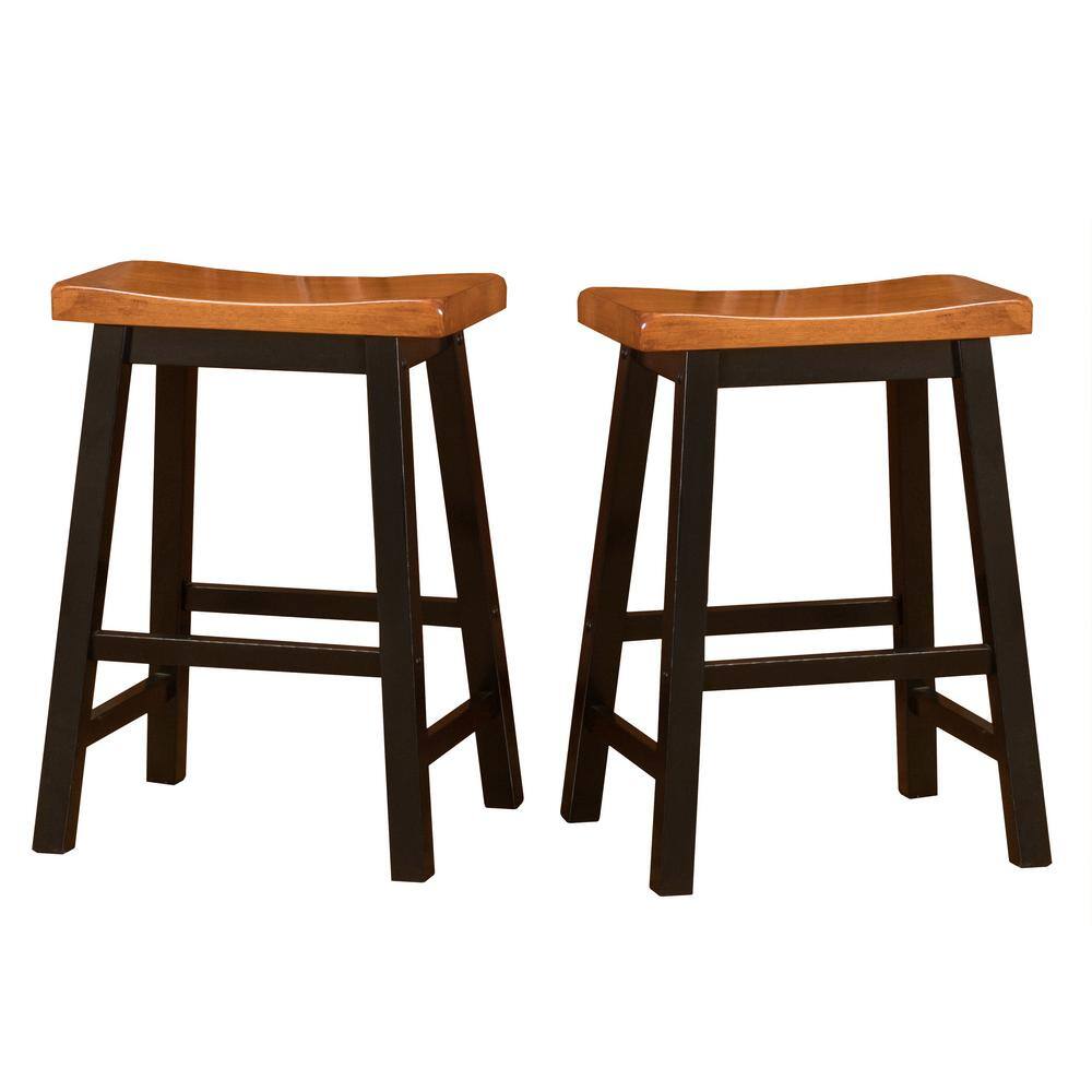 Brown and Black Wooden Saddle Style Backless Counter Stools, 24-Inch Height