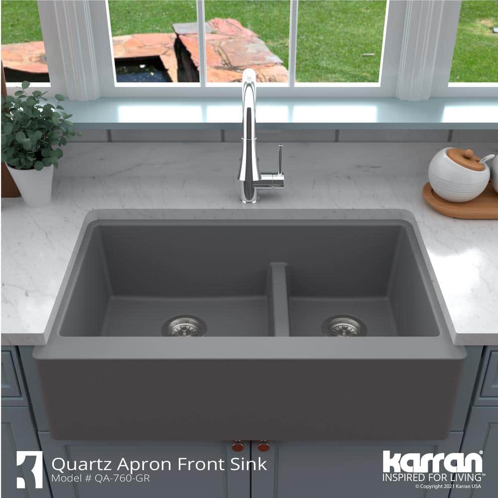 Gray Quartz 34'' Double Bowl Farmhouse Kitchen Sink Kit