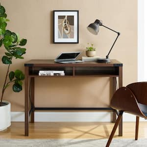 42 in. Rectangular Dark Walnut Wood and Metal Accent 2-Cubby Industrial Farmhouse Computer Desk