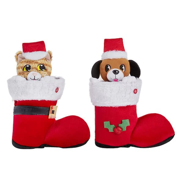 Home Accents Holiday 10.24 in. Santa's Boot Buddies Two Asst. (Cat, Dog)