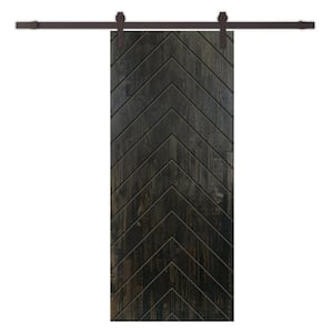 Herringbone 24 in. x 80 in. Fully Assembled Charcoal Black Stained Wood Modern Sliding Barn Door with Hardware Kit