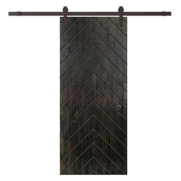 CALHOME Herringbone 24 in. x 80 in. Fully Assembled Charcoal Black Stained Wood Modern Sliding Barn Door with Hardware Kit