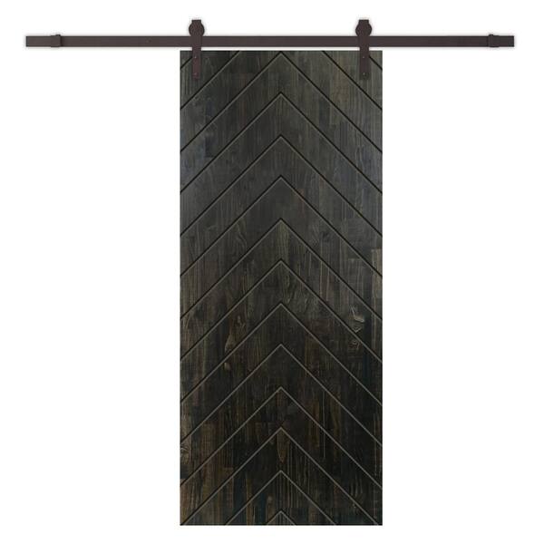 CALHOME Herringbone 30 in. x 96 in. Fully Assembled Charcoal Black Stained Wood Modern Sliding Barn Door with Hardware Kit