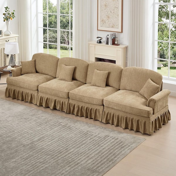 Martin 137.8 in. Flared Arms Chenille Rectangle Sectional Sofa in Brown, Removable Ruffles Pleats Skirts, Coffee