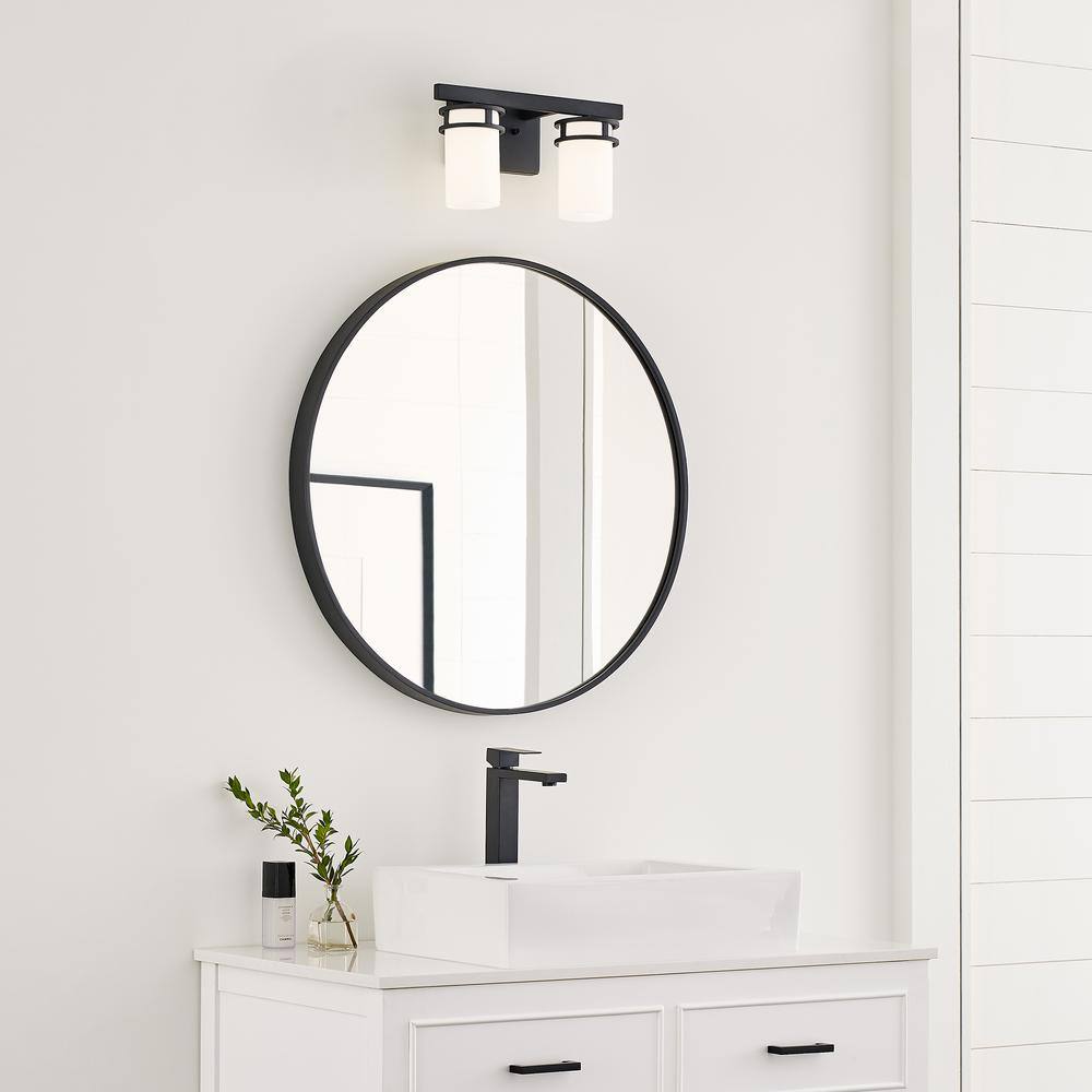 Midnight Black Robie 2-Light Vanity Fixture with Etched White Glass