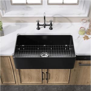 36 in. Fireclay Farmhouse Apron Front Single Bowl Kitchen Sink Matte Black With Bottom Grid and Strainer