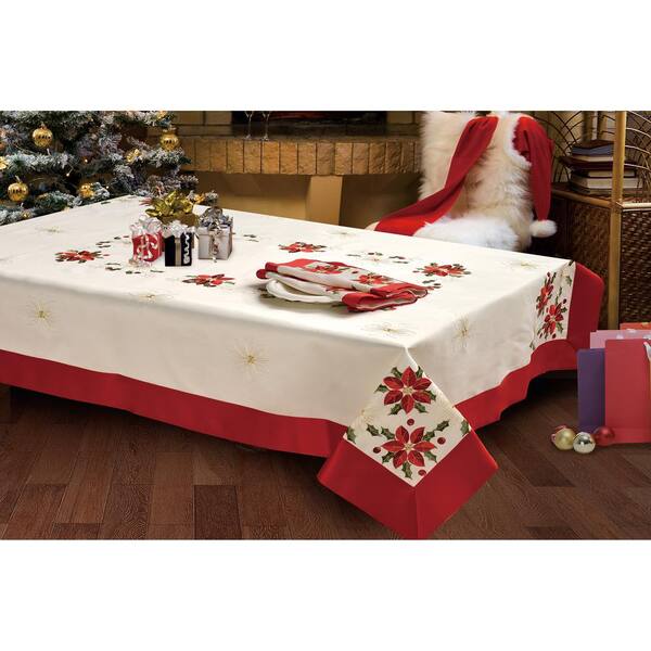 CHI Holiday 70 in. x 86 in. Embroidered Poinsettia Rectangular Tablecloth with Red Trim Border