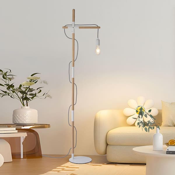 Modern 56 in. 1-Light White Wood Standard Floor Lamp for Living Room with Foot Switch, E26 Base