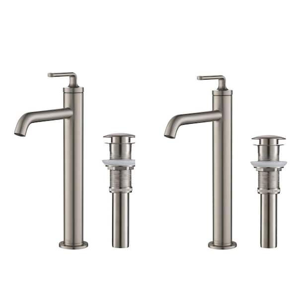 KRAUS Ramus Single Hole Single-Handle Vessel Bathroom Faucet with Matching Pop-Up Drain in Spot Free Stainless Steel (2-Pack)
