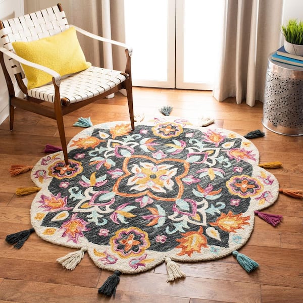 Novelty 6 ft. x 6 ft. Blue/Pink Floral Round Rug