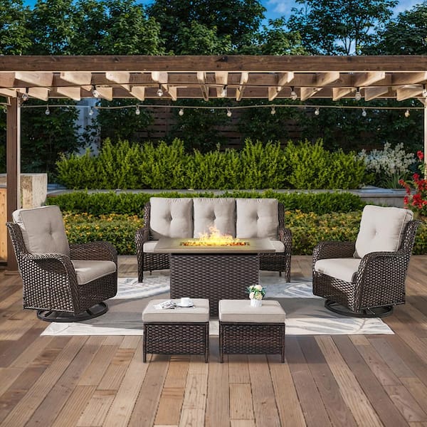6-Piece Brown Wicker Outdoor Patio Rectangular Fire Pit Conversation Set with Beige Cushions and Swivel Rocker Chairs