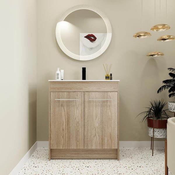 UPIKER 29.7 in. W x 18.1 in. D x 33.8 in. H Single Sink Freestanding Bath Vanity in White Oak with White Resin Top