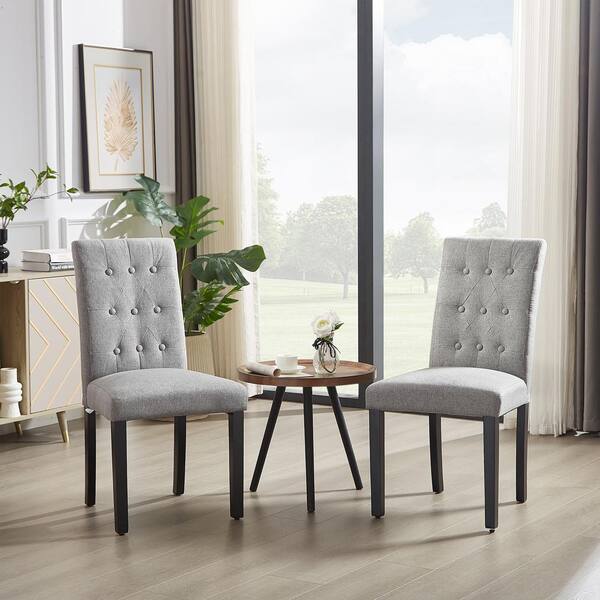 VECELO Upholstered Dining Chairs Set of 2 Gray Button Tufted Back Padded Seat Wood Legs with Rubber Footpads Kitchen Chairs THD DC06 LGRY 2P