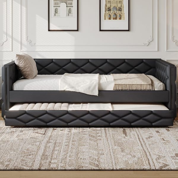 Black Full XL Size PU Upholstered Daybed with Trundle and LED Armrests