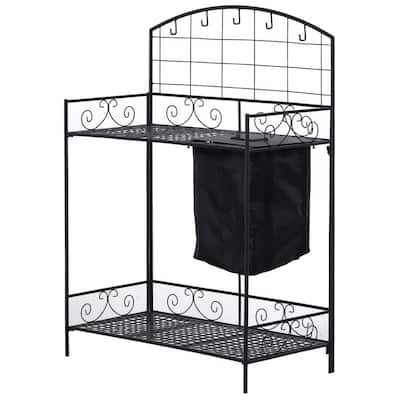 33.5 in. x 17 in. x 47.25 in. Black Potting Utility Garden Table with Built-In Dirt Bag and 5 Hanging Tool Hooks