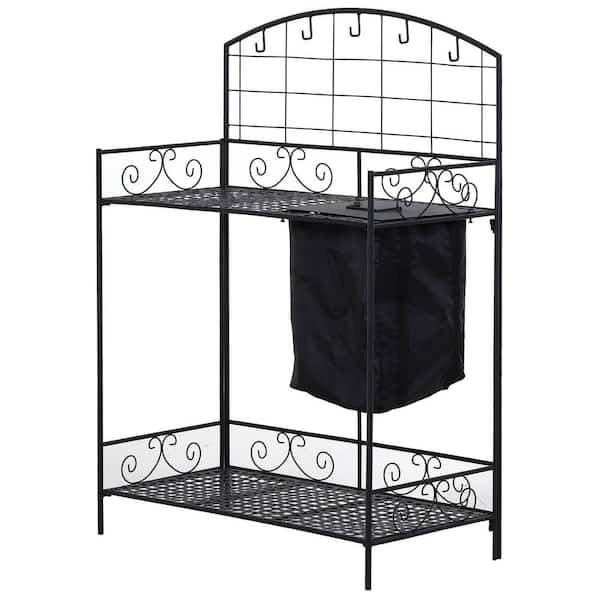 Outsunny 33.5 in. x 17 in. x 47.25 in. Black Potting Utility Garden Table with Built-In Dirt Bag and 5 Hanging Tool Hooks
