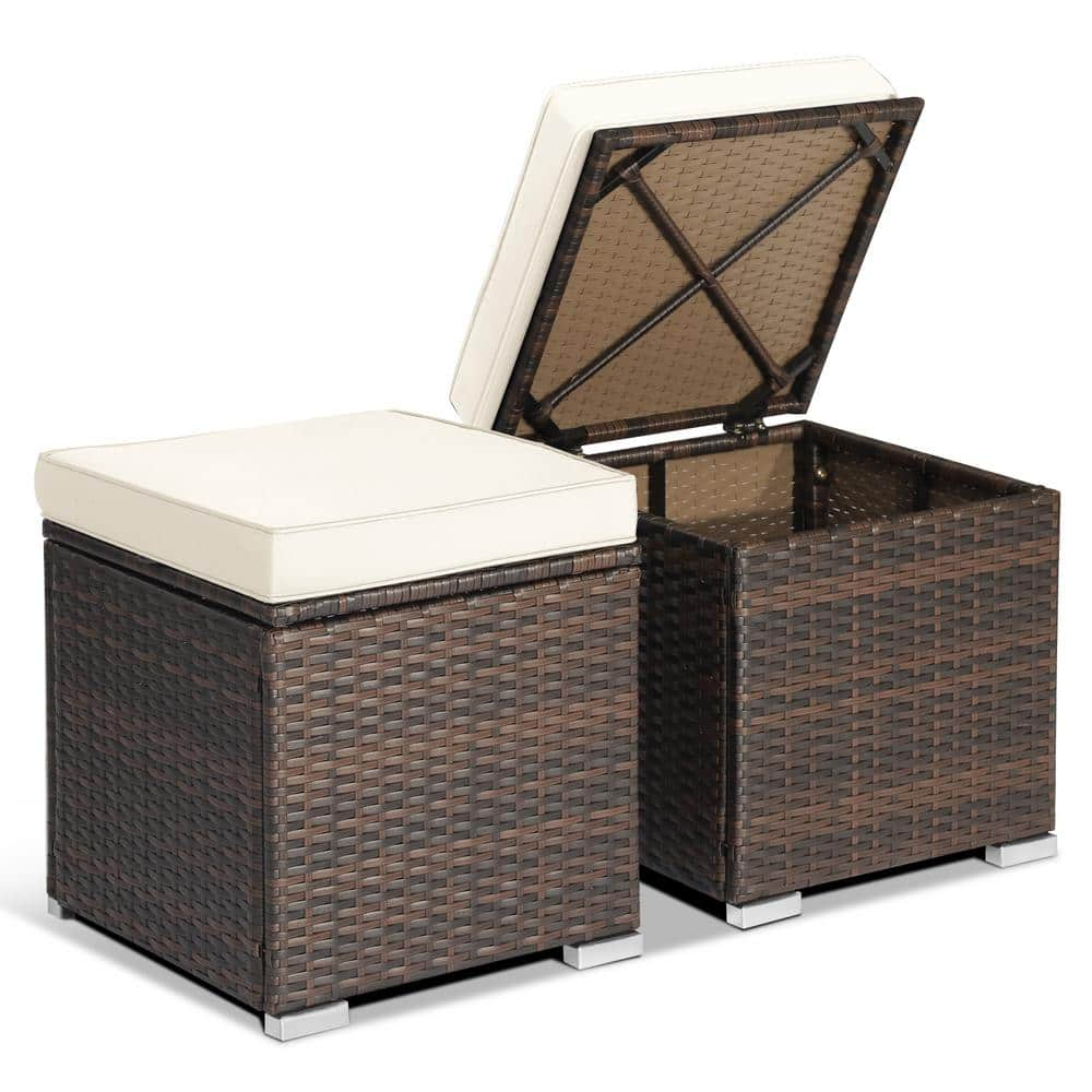 ANGELES HOME Mix Brown Wicker Outdoor Ottoman with Hidden Storage Space ...