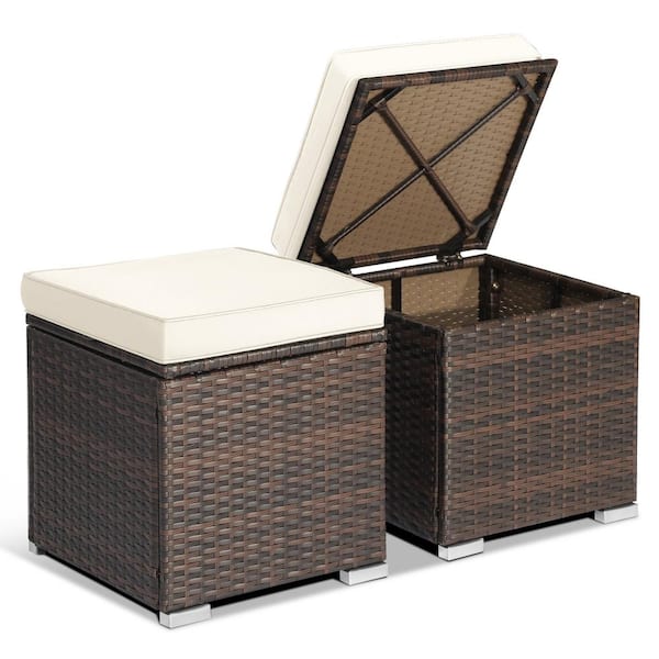 ANGELES HOME Mix Brown Wicker Outdoor Ottoman with Hidden Storage Space with White Cushion 2-Pack