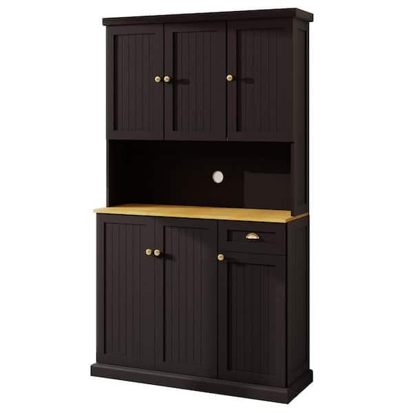 Black Wood 70.86 in. Pantry Cabinet with Adjustable Shelves