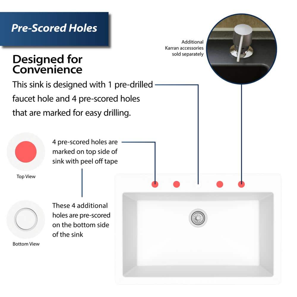 White Quartz 33'' Single Bowl Drop-In Kitchen Sink