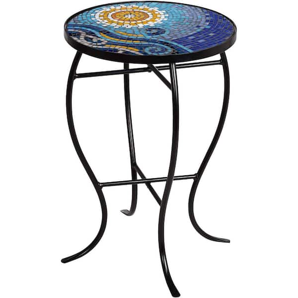 Unbranded Black Round Metal Outdoor Side Table with Blue Ocean Mosaic Tile Tabletop