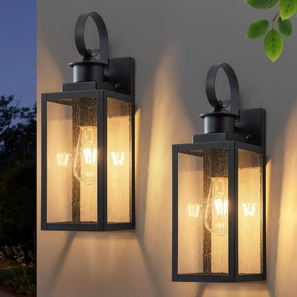 C Cattleya 16. 75in. Modern Matte Black Outdoor Hardwired Wall Lantern Sconce with Seeded Glass, No Bulbs Included, 2-Pack