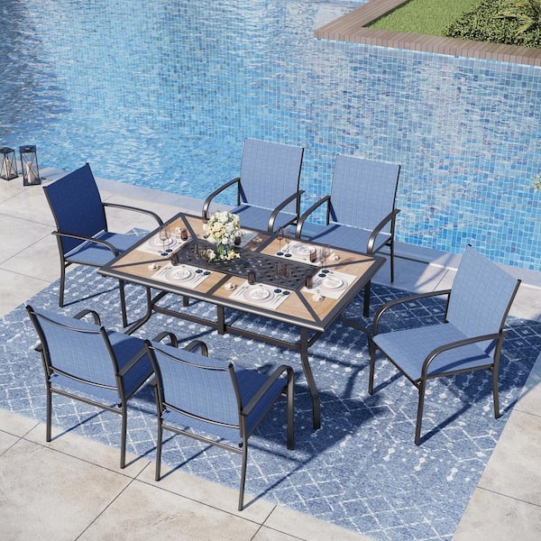 PHI VILLA Black 7-Piece Metal Geometric Rectangle Table Outdoor Patio Dining Set with Blue Textilene Chairs