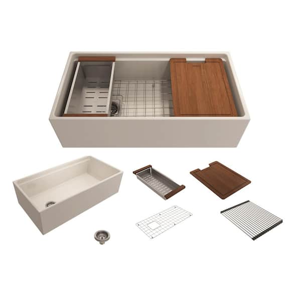 BOCCHI Step-Rim Biscuit Fireclay 36 in. Single Bowl Farmhouse Apron Front Workstation Kitchen Sink with Accessories