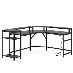 George 49 in. L-Shaped Black Gaming Desk, Wood Computer Desk with Power Outlets and LED Strips