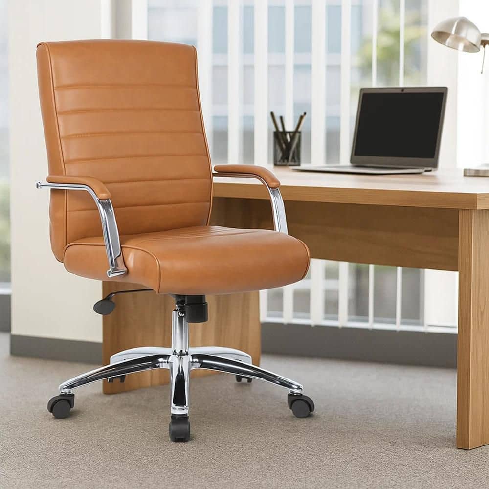Megh Vinyl Spring Tilt Office Executive Chair in Caramel Brown, Chrome and Black with Arms