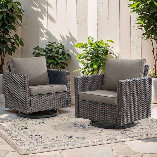 Opohoro U-Weave Metal and Brown Wicker Outdoor Rocking Chair Patio Swivel Chairs with Olefin Gray Cushions (2-Pack)