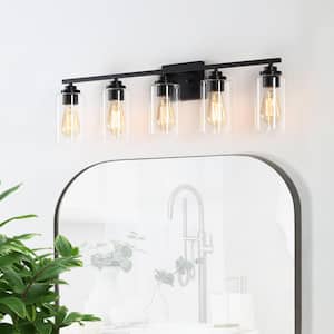 35 in. 5-Light Black Vanity Light with Clear Glass Shade