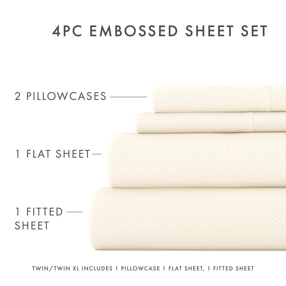 Twin White Chevron Embossed Microfiber Bed Sheet Set