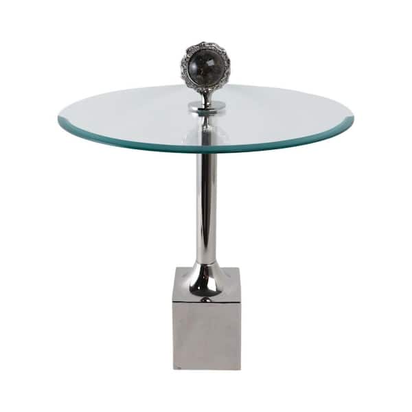 20 in. Silver Round Glass Stone Metal Base End Table