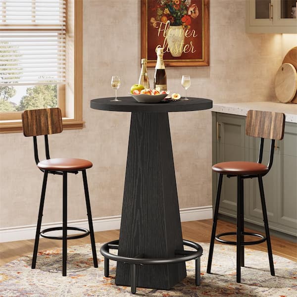 Adan Black 37.4 in. Bar Height Round Bar Table Bistro Pub Table with Metal Ring Footrest