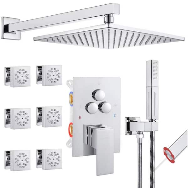 Vanfoxle Single Handle 3-Spray Shower Faucet 1.8 GPM 10 in. Square Wall Mounted with Pressure Balance in. Chrome with 6-Jet