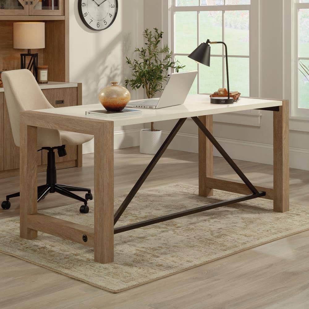Pebble White and Brushed Oak Executive Desk with Drawer