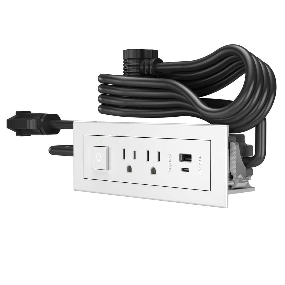 Legrand 6 ft. Cord 15 Amp 2-Outlet, Switch and 2 Type A/C USB radiant Recessed Furniture Power Strip in White