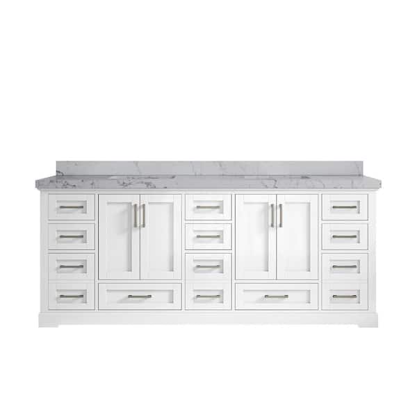 Willow Collections Boston 84 in. W x 22 in. D x 36 in. H Double Sink Bath Vanity in White with 2 in. Venatino Quartz Top