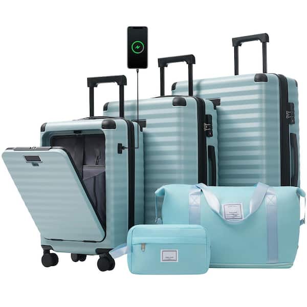 5 Bags 5-Piece Light Blue Expandable ABS Hardside Luggage Set with Duffel/Toiletry Bag, USB Ports, Front Opening, Holder