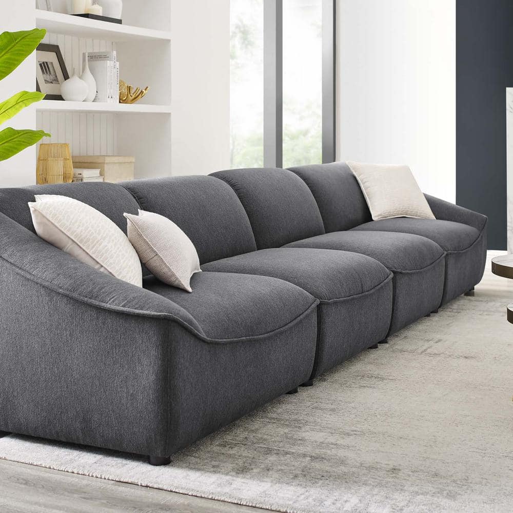 Charcoal Gray 4-Piece Modular Upholstered Sofa with Rubberwood Legs