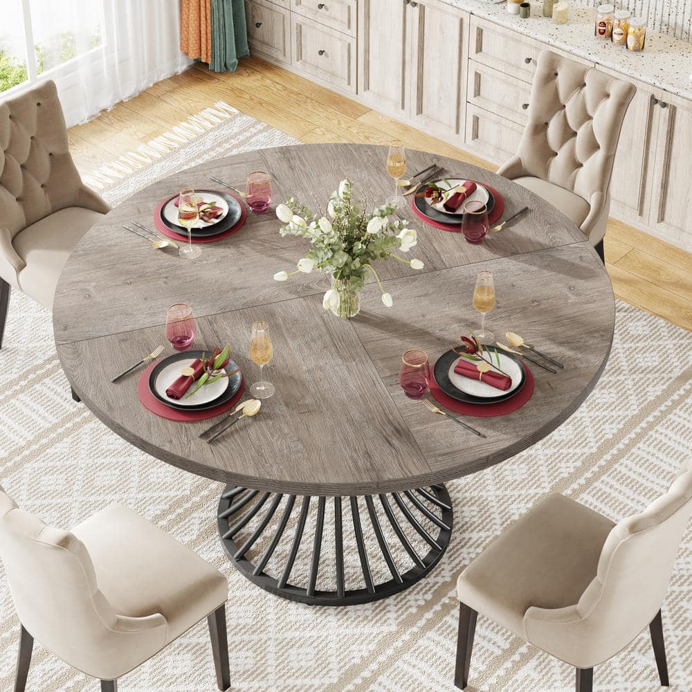 Gray 47-Inch Round Farmhouse Dining Table with Metal Base
