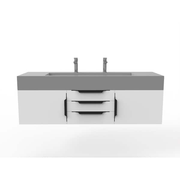castellousa Nile 60 in. W x 19 in. D x 20 in. H Single Sink Bath Vanity in Matte White with Black Trim and Gray Solid Surface Top