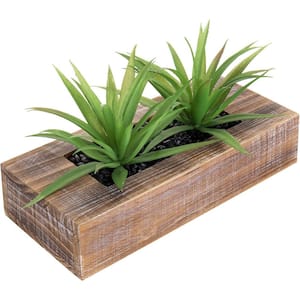 10 in. Artificial Green Grass Plants in Decorative Rustic Dark Brown Wood Rectangular Planter Pot