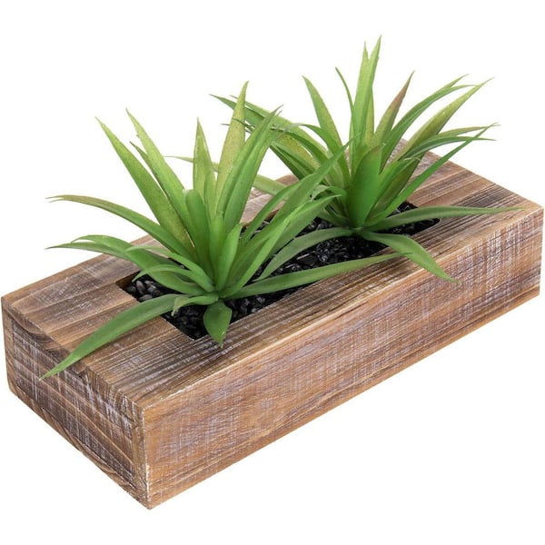 Cubilan 10 in. Artificial Green Grass Plants in Decorative Rustic Dark Brown Wood Rectangular Planter Pot