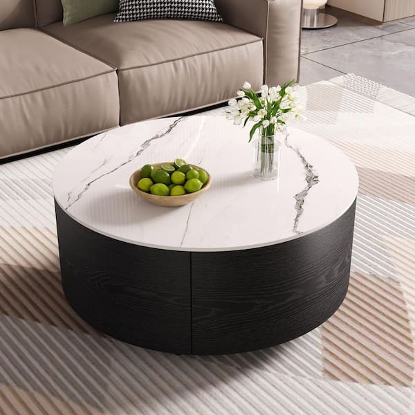 Ulverren Modern 29.5 in. Black Round Sintered Stone Coffee Table with Casters and Drawers