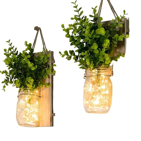 Angel Sar Warm White 2-Pack Rustic Wall Sconces with Green Fake Plant, Farmhouse Home Decor, LED Fairy Lights