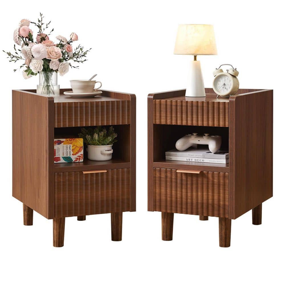 Brown 2-Drawer MDF Wood Fluted Nightstand with 2 Drawers and Open Storage(2 Pack) price history on PriceWatchPro