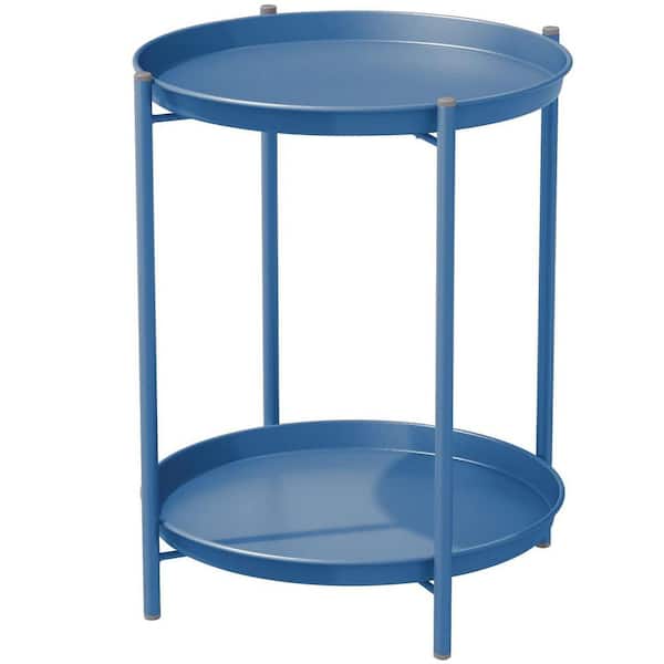 18 in. Outdoor Side Table, Steel 2-Tier End Table Round Accent Table, Peacock Blue